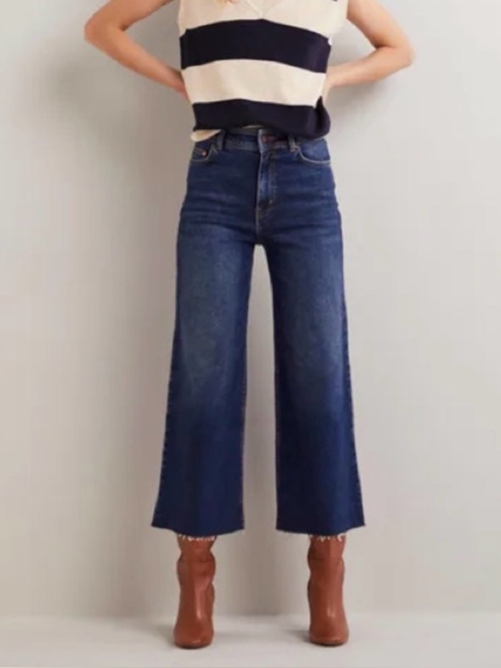 Boden Wide Leg High Rise Dark Blue Denim Jeans with Frayed Hem, 10 Petite